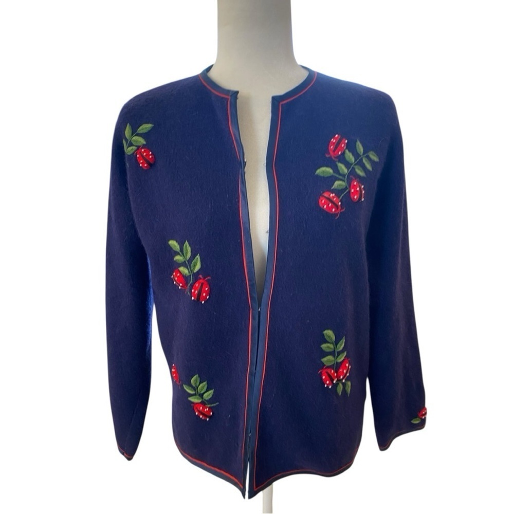 Vintage Womens Blue Wool Ladybug Sweater Cardigan